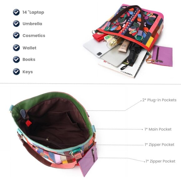 Women Leather Tote Bag Large with Zipper Floral Patchwork Stylish Purse - Picture 5 of 6